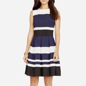 NWT RALPH LAUREN LRL KEYLA Fit Flare Dress Bar Stripe Chambray Stretch Navy 10